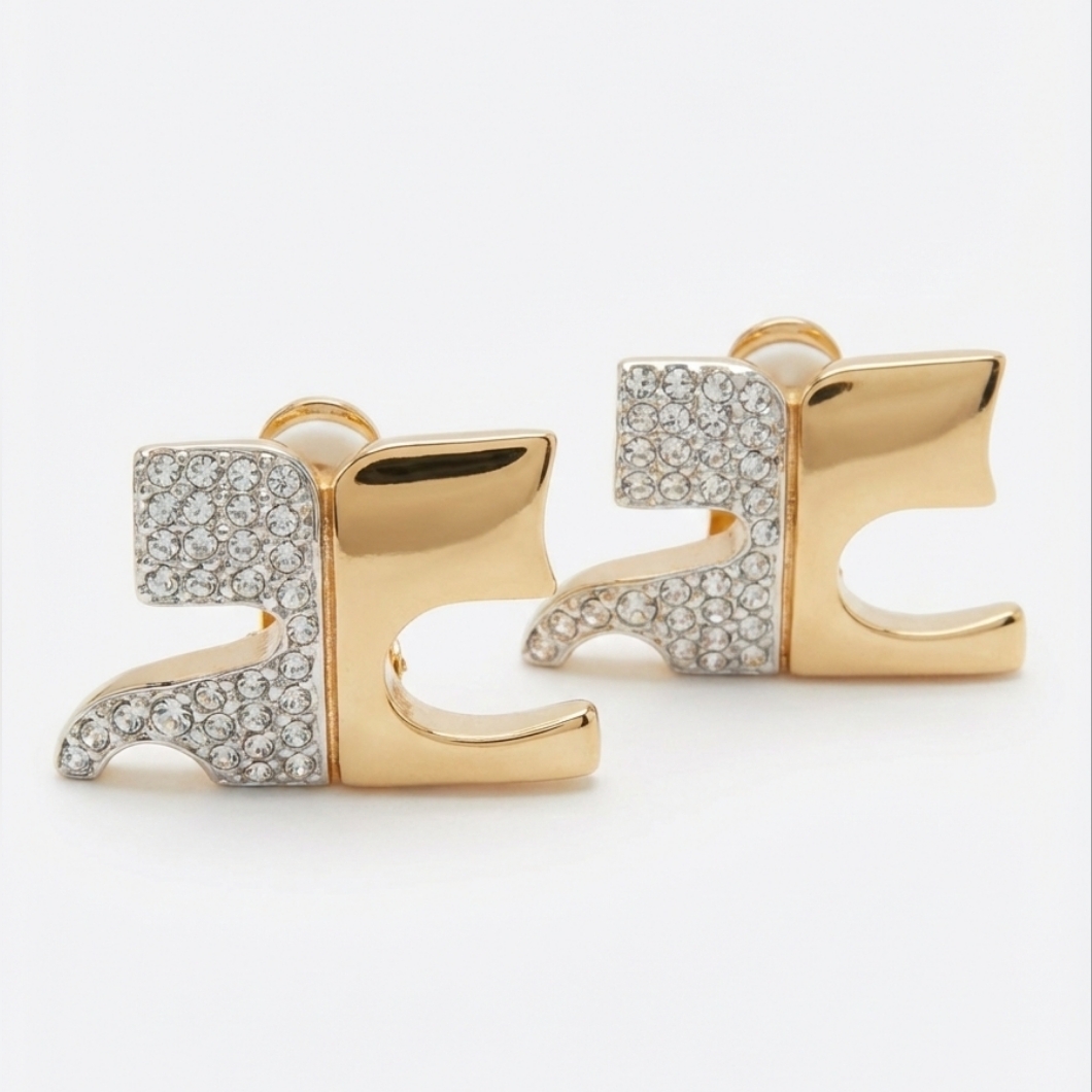Courreges Paris Vintage 1980s Crystal Logo Clip On Earrings 380$